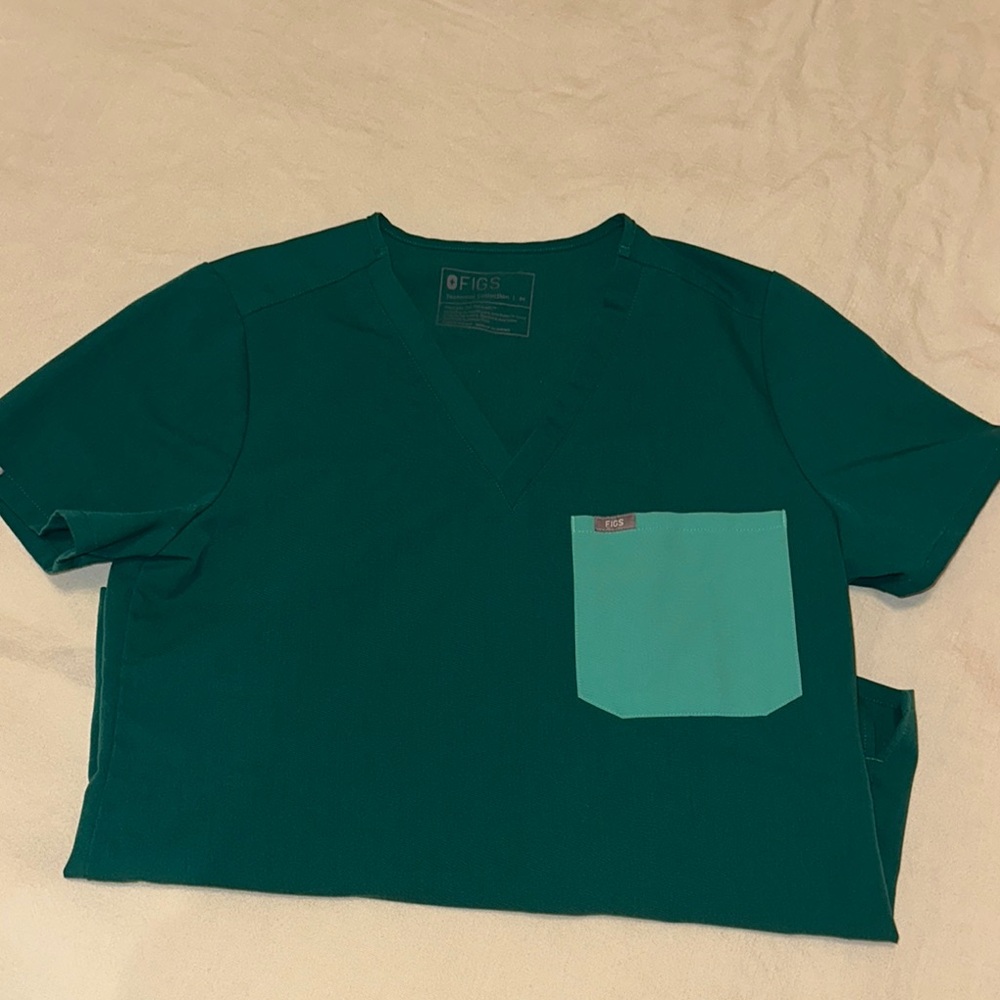 Figs Emerald Green Scrub Top with Aqua Pocket